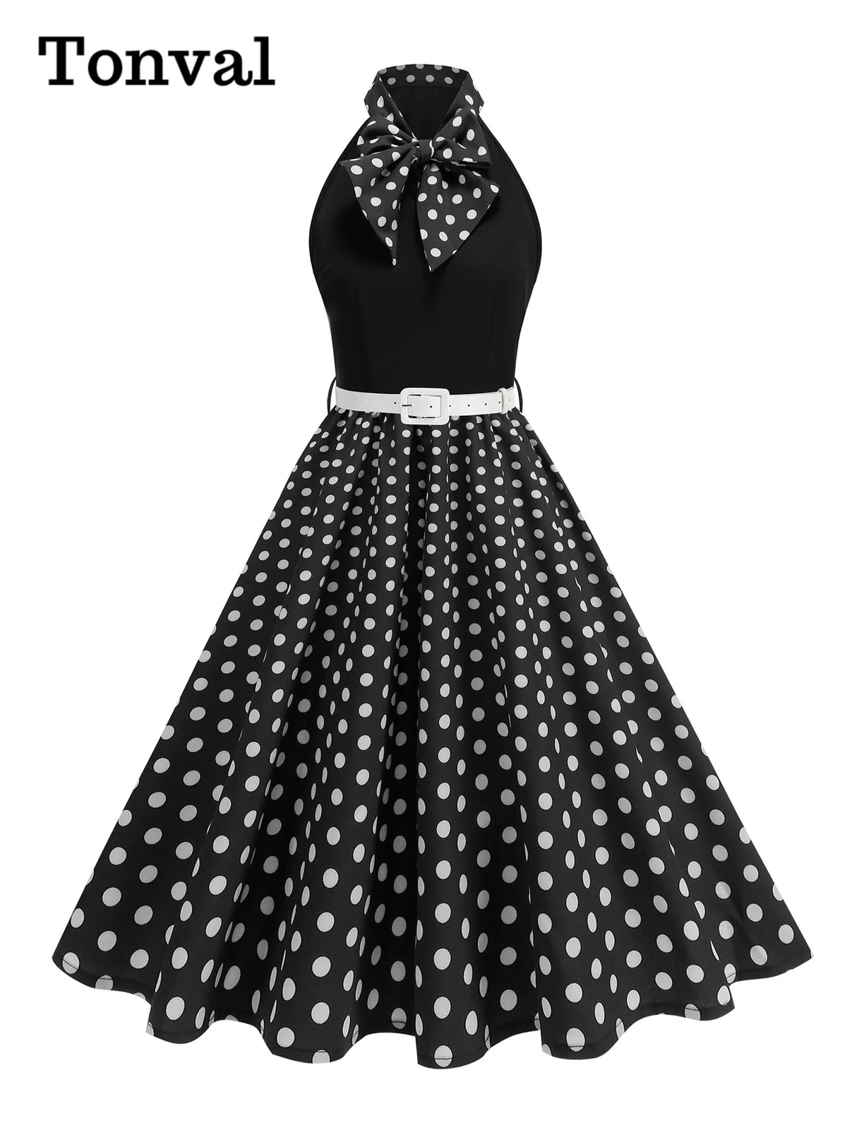 Tonval Bow Neck Halter Neck Polka Dot 50s Retro Party Clothes for Women Prom Vintage Cosplay Christmas Sleeveless Dresses
