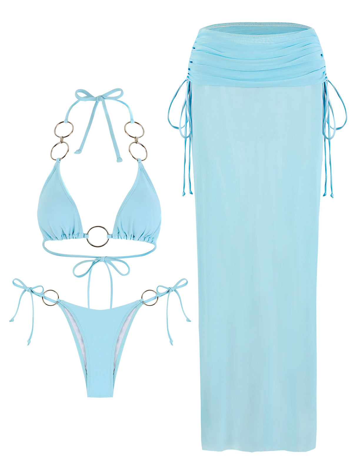 Sexy O-Ring Bikini 3 Piece Lace Up Swimsuit Half Skirt Set 2026 Vacation Beachwear Pool Party Brazilian Swimwear Outfit K168