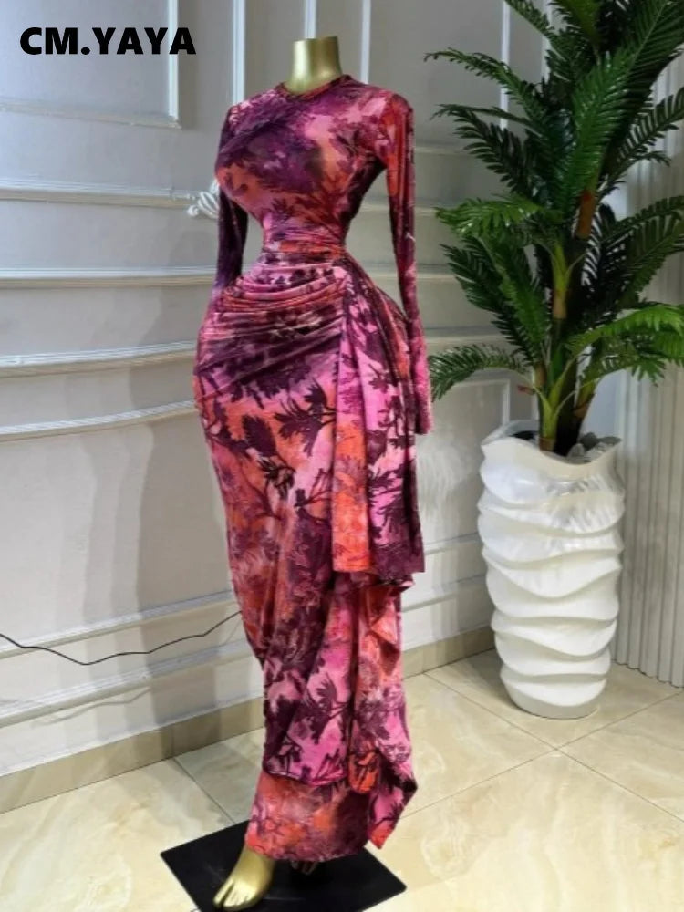 CM.YAYA Women Tie Dye Print O-neck Ruched Ribbon Long Dress 2026 Fall Street Evening Birthday Beach Party Vestidos Sexy Dresses