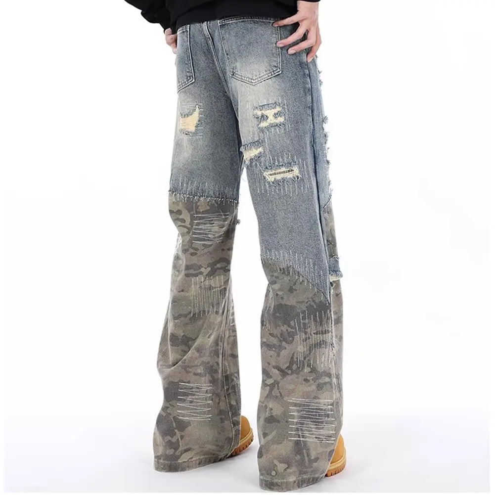 Men's Vintage Distressed Flare Jeans Camo Patchwork Ripped Patch Denim Pants Y2K Street Style Casual Daily Club Wear
