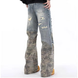 Men's Vintage Distressed Flare Jeans Camo Patchwork Ripped Patch Denim Pants Y2K Street Style Casual Daily Club Wear