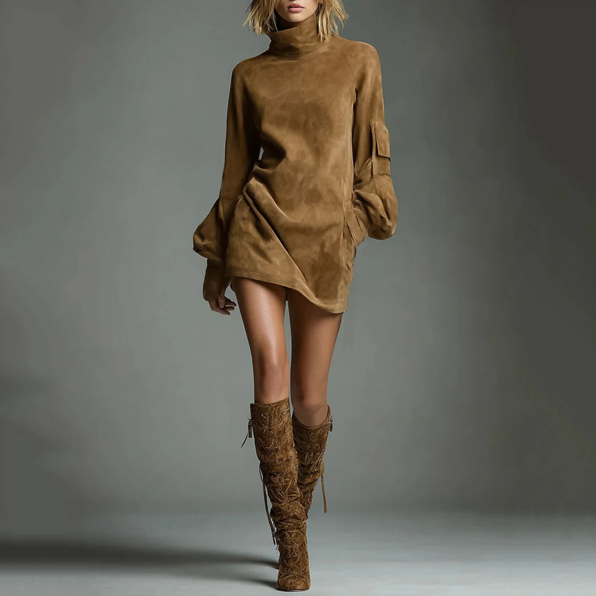 Autumn Retro Solid Suede Mini Short Dresses Sexy Turtleneck Slim Woman Pullover Dress Winter Long Sleeve Pockets Female Clothing