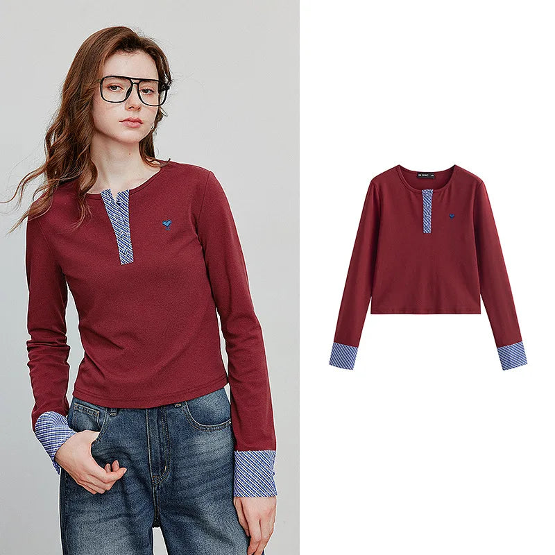 TOYOUTH Long Sleeve T-shirt 2025 Autumn New Spliced Plaid Cotton Slim Fit Short Base Shirt Tops