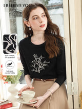 I BELIEVE YOU Women's Long Sleeved T-shirt 2025 Autumn Fashion Black Embroidered Nail Bead Casual Tops Woman Clothes 2253016106