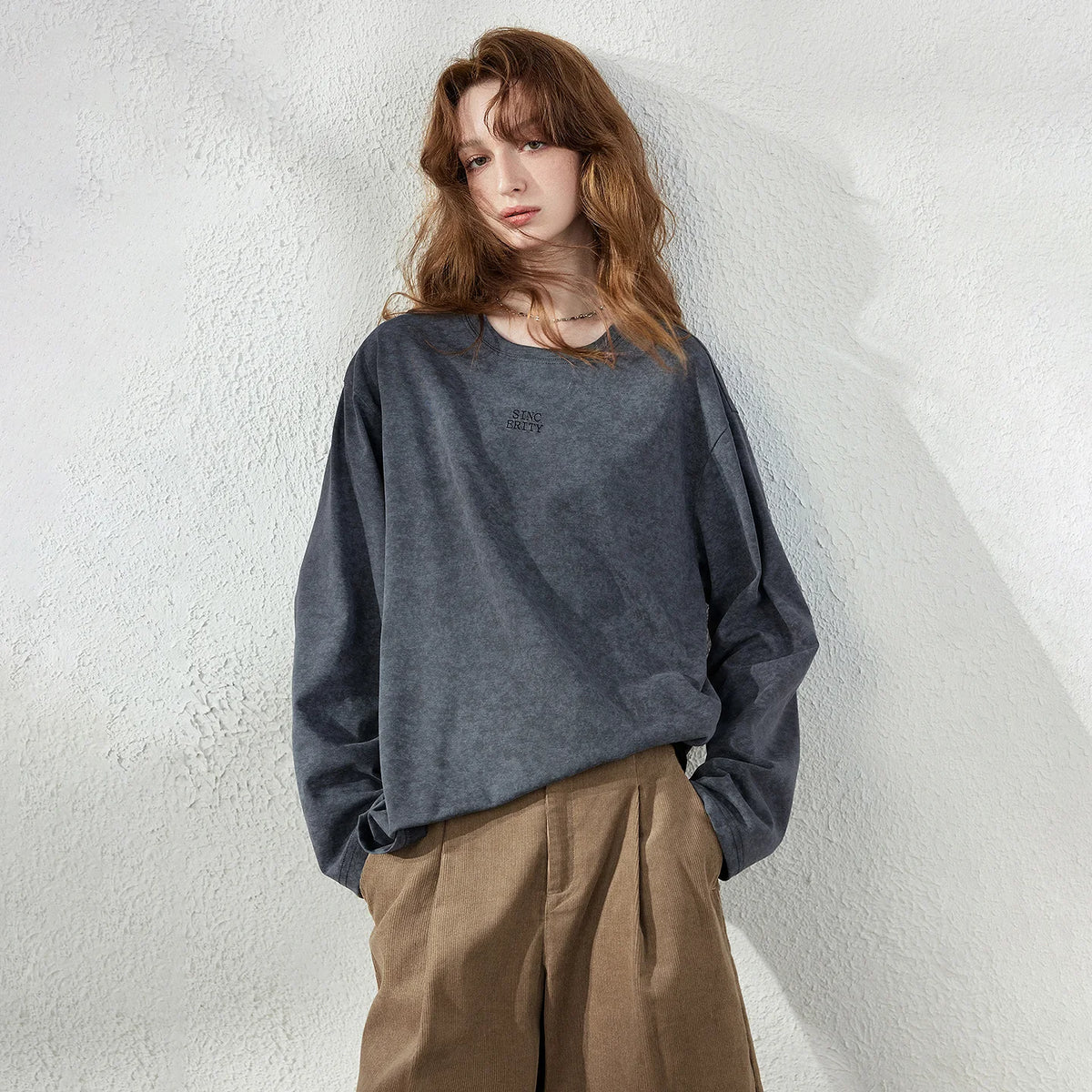 TOYOUTH Women T‑Shirt 2026 Autumn New Batik Cotton Long Sleeve Vintage Loose Letter Print Dark Grey Tops