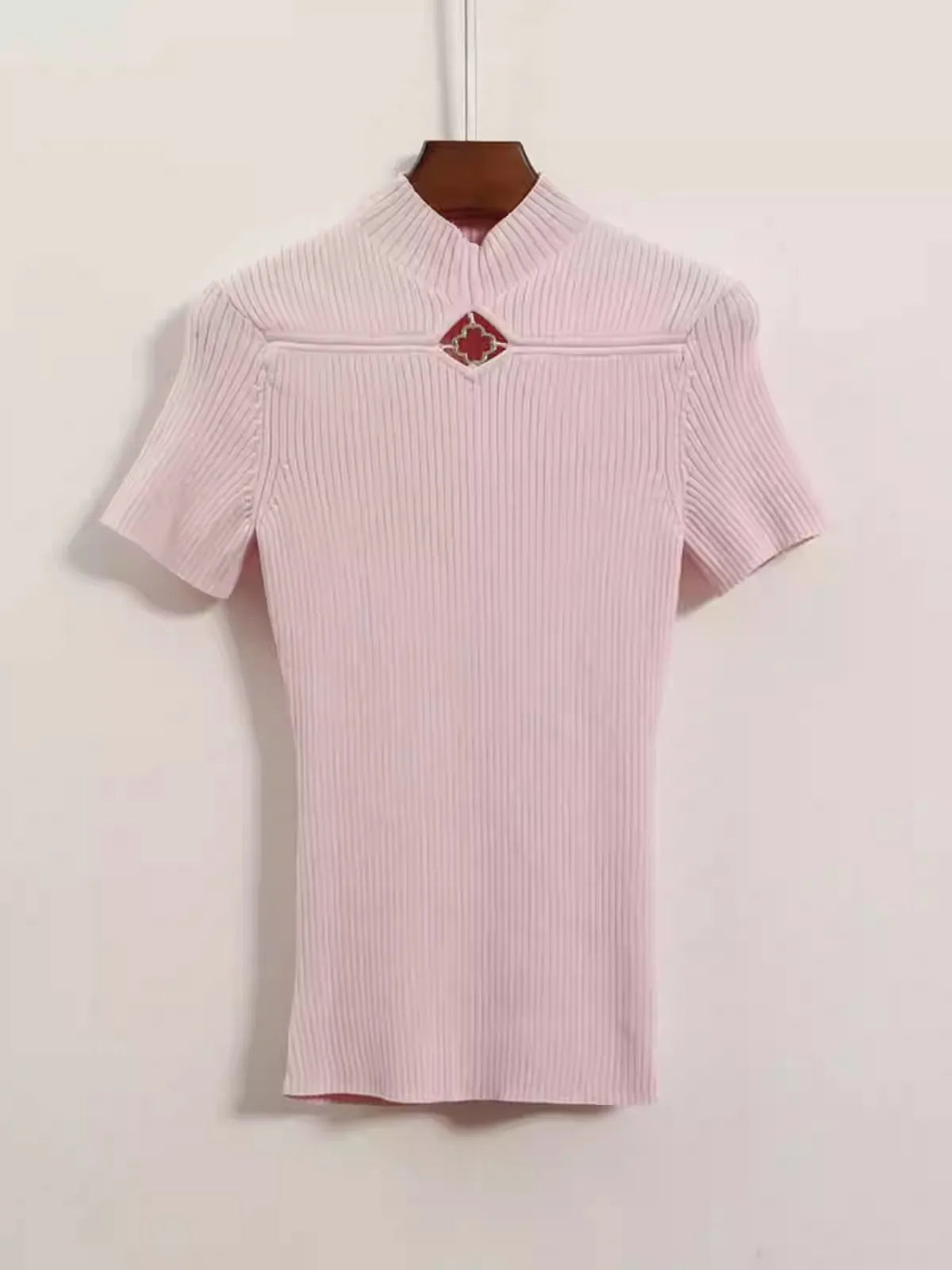 Pink Women Hollow Out Slim Simple Knitted Tee O-Neck Short Sleeve Tops Summer