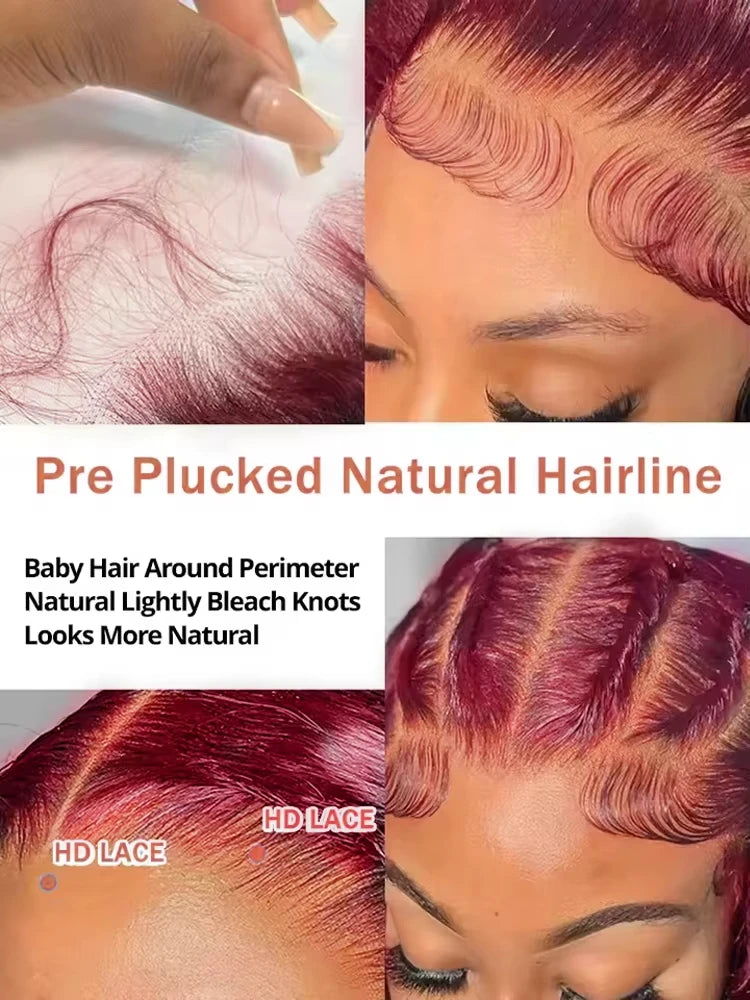 34 Inch 200% Density 99J Burgundy Wine Red 13x4 Lace Front Wigs With Natural Deep Wave, Transparent Lace And Baby Hair, Pre-Pluc