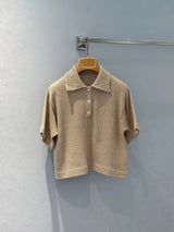 Women's Apricot Plaid Hollow Out Knit Polo Shirt For Woman Short Sleeve Lady 2026