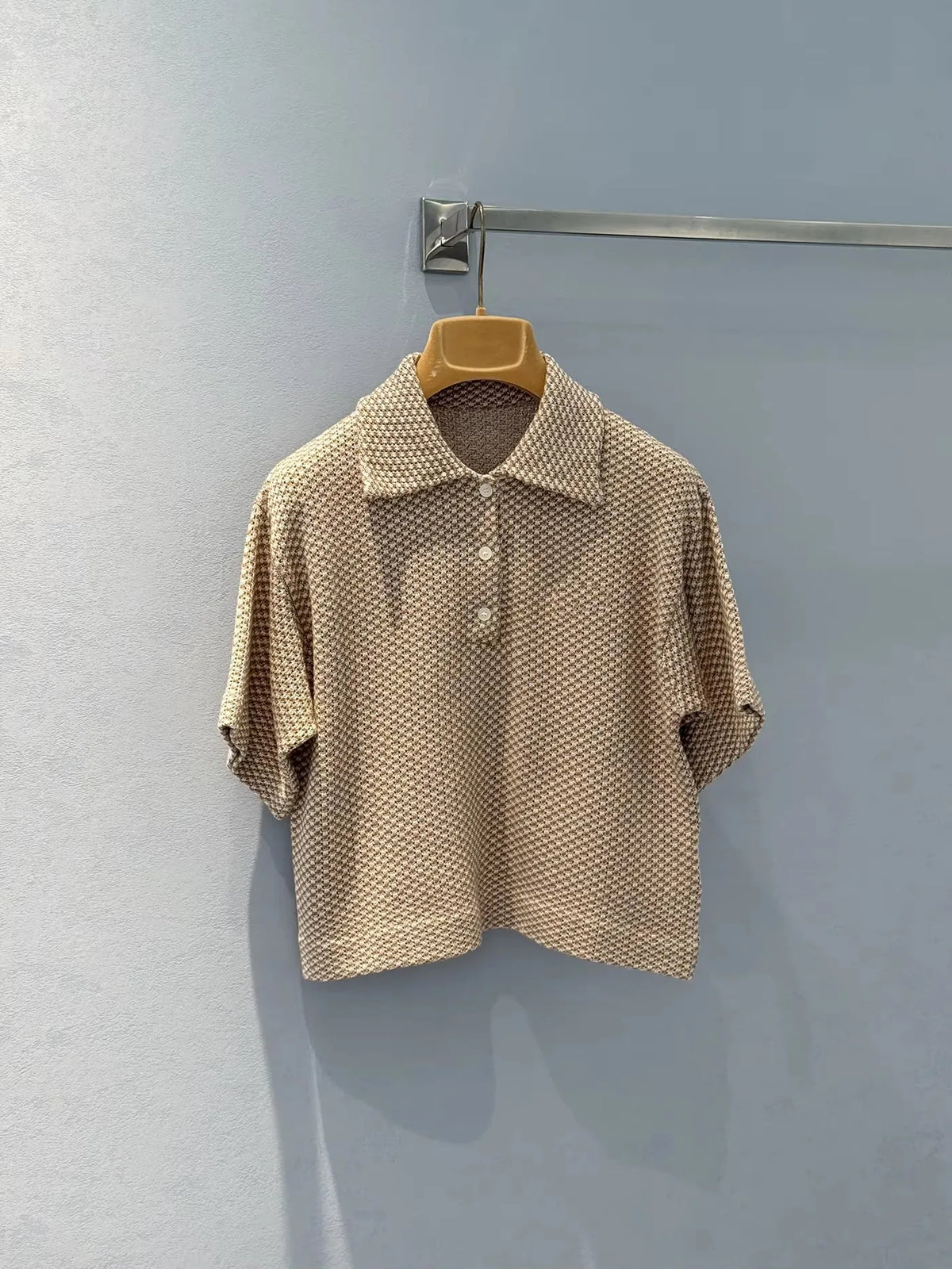 Women's Apricot Plaid Hollow Out Knit Polo Shirt For Woman Short Sleeve Lady 2026
