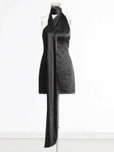 VGH Patchwork Formal Dresses For Women Halter Collar Off Shoulder Sleeveless High Waist Backless Satin Mini Dress Female Style