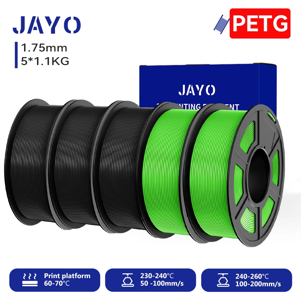 JAYO 3D PETG/PLA/PLA PLUS Filament 1.75mm PLA Filament 5 Rolls For Bambu FDM 3D Printer Neatly Wound 3D Printing Material for 3d