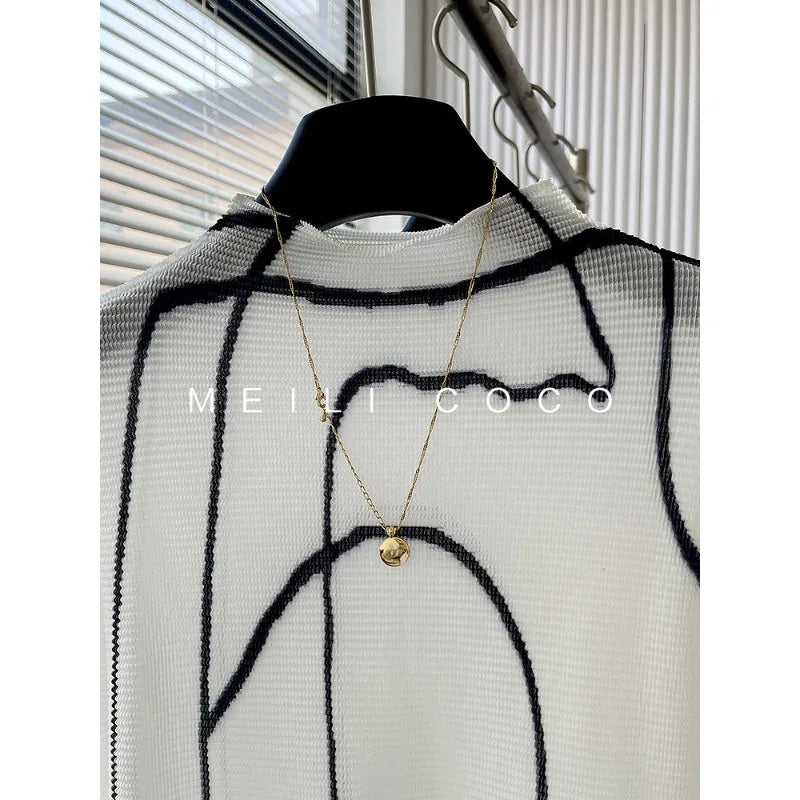 Miyake Pleated T-Shirt 2026 Spring Niche Design Personality Versatile Long Sleeve Pleats Print Top High Neck Slim Fit T-Shirt