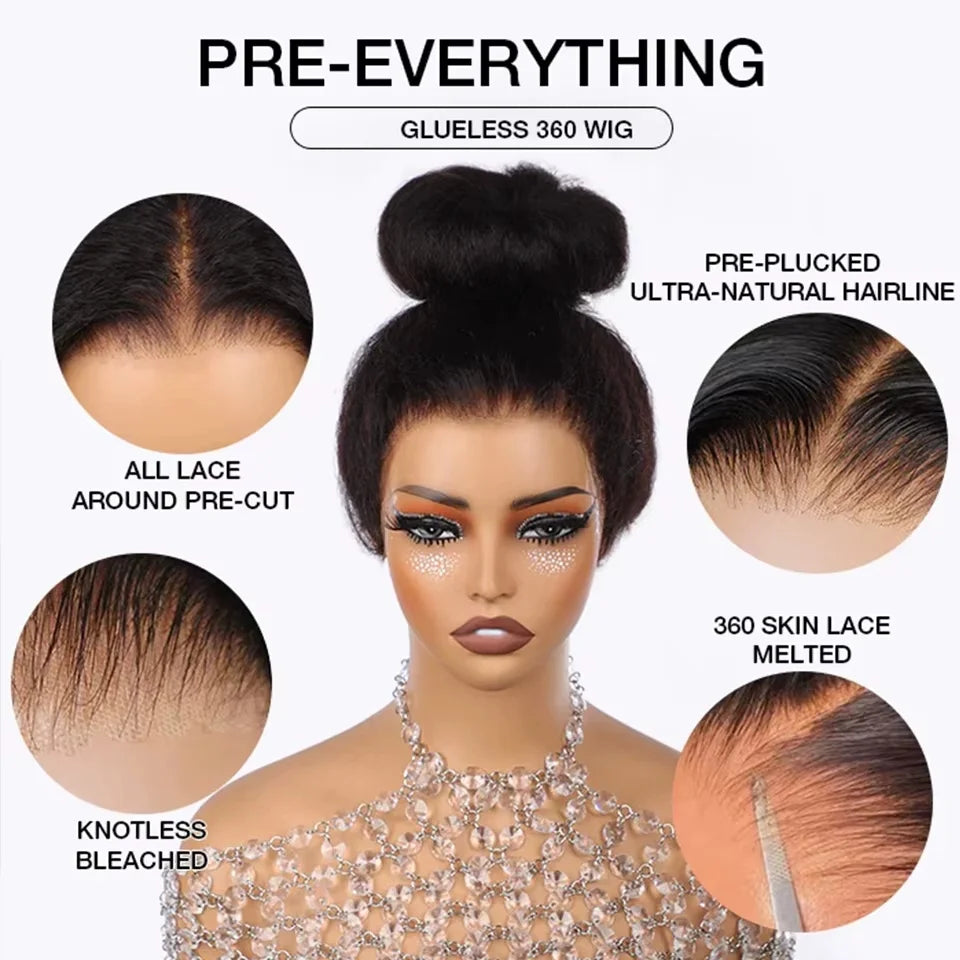 36 Inch Invisible Strap 360 HD Full Lace Glueless Wig Kinky Straight Frontal Wig Yaki Straight Lace Front Human Hair Wig