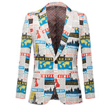 Men Newspaper World Map Printed Blazer Black Peak Lapel Slim Fit Jacket Wedding Groom Tuxedo For Party Prom