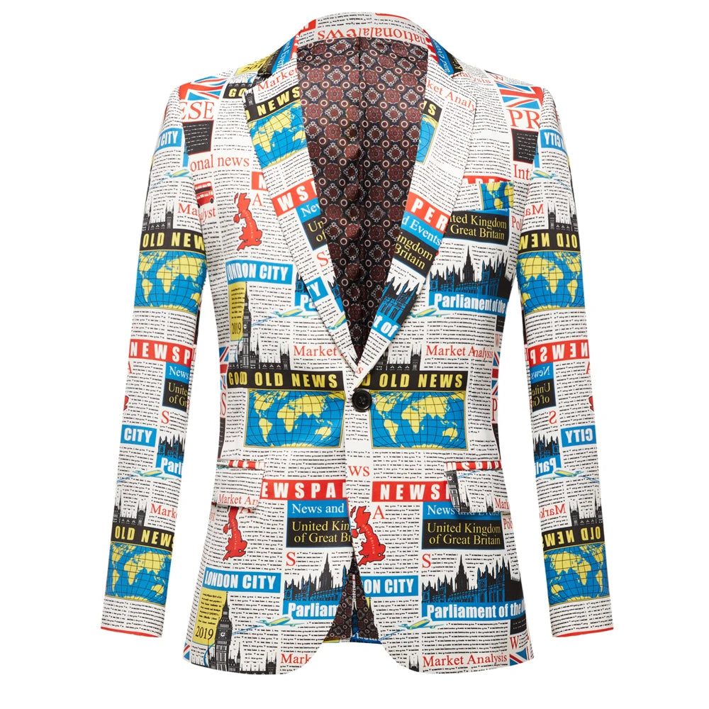 Men Newspaper World Map Printed Blazer Black Peak Lapel Slim Fit Jacket Wedding Groom Tuxedo For Party Prom