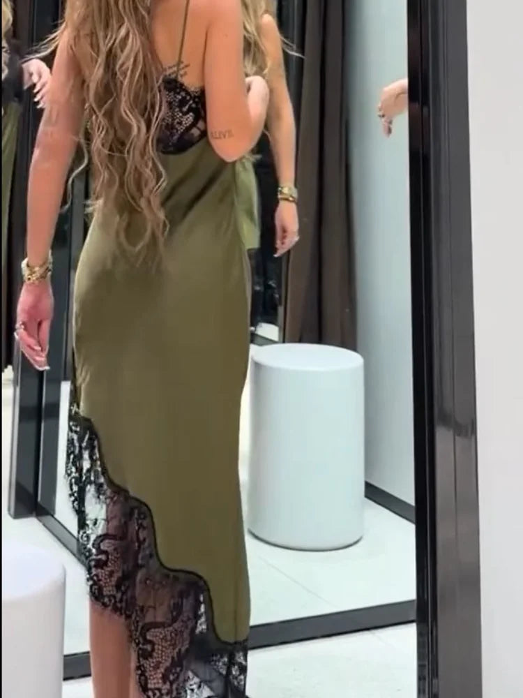 Chic Lace Patchwork Satin Camisole Dress Sleeveless See Through Irregular Hem Dresses 2026 New Party Daily Outdoor Casual Attire