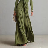 Women's Elegant Deep V Neck Maxi Dress Spring Twist Knot Ruched Floor-Length Evening Gown Autumn New Long Sleeve Slim Boho Dress
