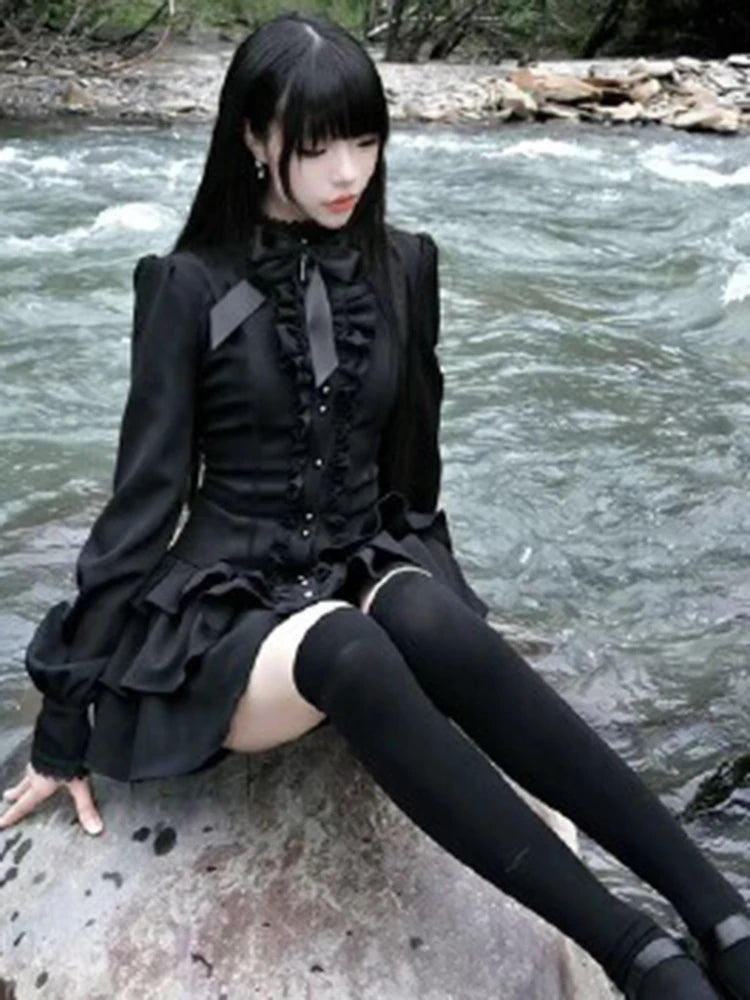 Aoaiiys Mini Dress Women Black Gothic Lace Spliced Dresses Y2K Japanese Streetwear Lolita Dresses Spicy Girls Fall Clothes New