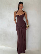 Sexy Back Lace Up Halter Neck Long Dress Women Backless Ruched Waist Draped Bodycon Dresses Party Evening Cocktail Vestidos