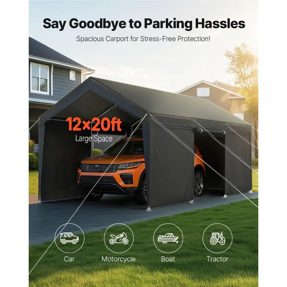 12x20 FT Heavy Duty Carport, Portable Car Canopy with Removable Sidewalls and Door, Outdoor Car Shelter,Customized