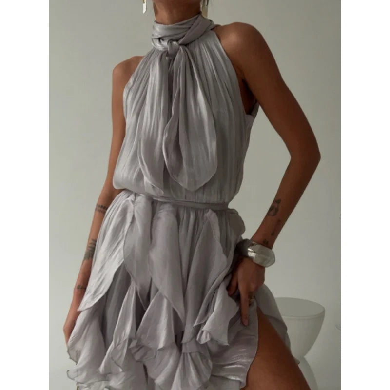 Sexy Cascading Ruffle Pleated Women's Mini Dress Fashion Lace Up Sleeveless Empire Female Dresses 2026 Spring Summer Lady