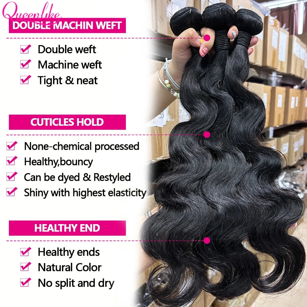 Queenlike 24 24 24 Inch Body Wave Bundles Human Hair Bundles And 4x4/5x5 Lace Closure 12A Brazilian Bundles 100% Human Hair
