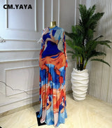 CM.YAYA Women Tie Dye Print O-neck Long Sleeve Pleated Long Dress 2026 Sexy Mesh Evening Party Birthday Vacation Dresses Vestido