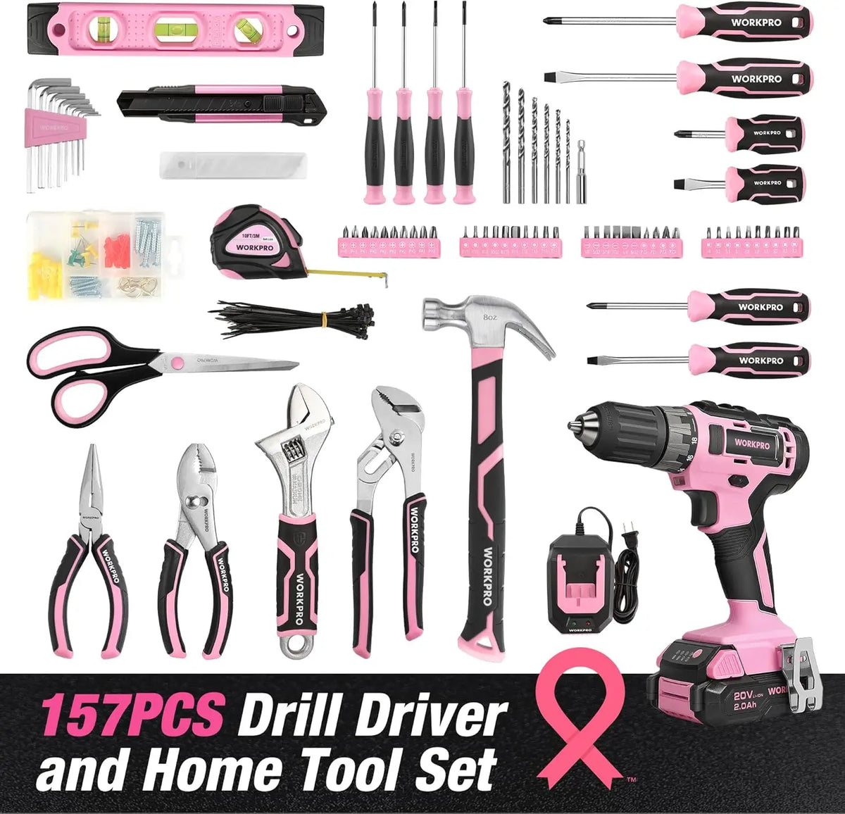 Pink Tool Kit with Cordless Drill, 157-Piece Home Repair Set for Women, Includes Storage Bag