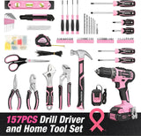 Pink Tool Kit with Cordless Drill, 157-Piece Home Repair Set for Women, Includes Storage Bag