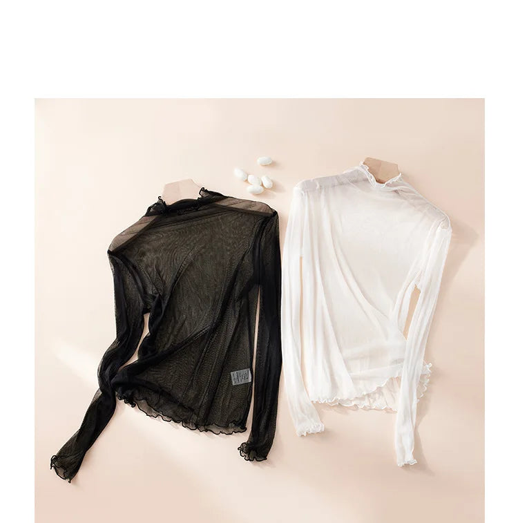 BirdTree, 100%Real Silk Girl Mesh T-shirt, Women Long Sleeve Transparent, Breathable Sexy Tops, 2026 Summer Autumn New T46587QM