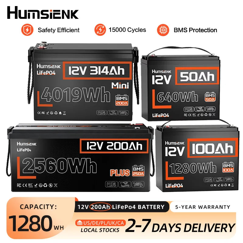 Humsienk 12V 100Ah 150Ah 200Ah 314Ah LiFePO4 Battery Built-in BMS Low Temperature Protection For RV/ Camp/ Solar Energy Storage