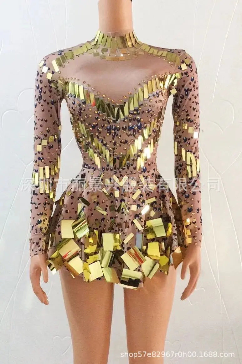 Fashion Stretch Sequins Mirror Dress Women Bodysuit Dancewear Long Sleeve Drag Queen Costume Rave Festival Night Out BodySuits