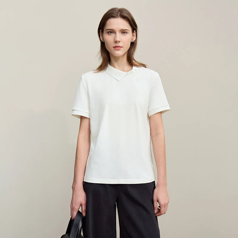 Amii Women's Polo Shirt 2026 Summer Asymmetric Placket Short Sleeve Tee Lapel Collar Casual Layering T-Shirt For Women 12622015