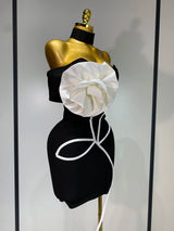 Women Sexy Off Shoulder White Flower Black Mini Bodycon Bandage Dress Luxury 2025 Celebrity Evening Club Elegant Party Gowns