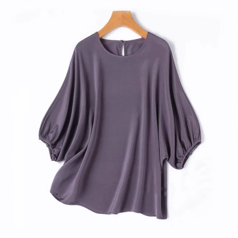 26MM Heavy Weight 93% Natural Mulberry Silk Elastic Wrinkled Round Neck Batwing Half Sleeve Women's Casual Solid Color T-shirt