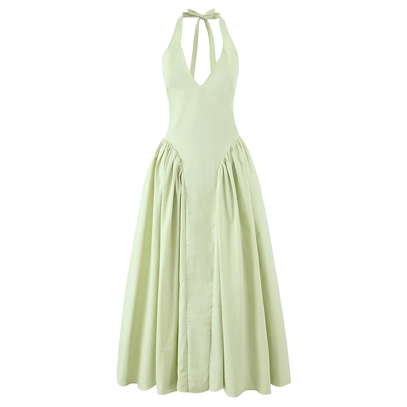 YENKYE Sexy Backless Green Elegant Halter Dress For Women Low Waist A-line Midi Summer Evening Party Dresses Cotton Robe