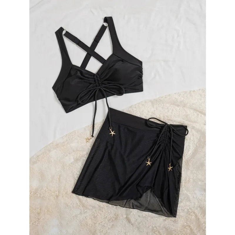 Vintage Black Two Piece Bathing Suit Women Pleate Drawstring Push Up High Waist Skirt Swimwear Beach Womens Bikini Set Swimsuit