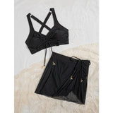 Vintage Black Two Piece Bathing Suit Women Pleate Drawstring Push Up High Waist Skirt Swimwear Beach Womens Bikini Set Swimsuit