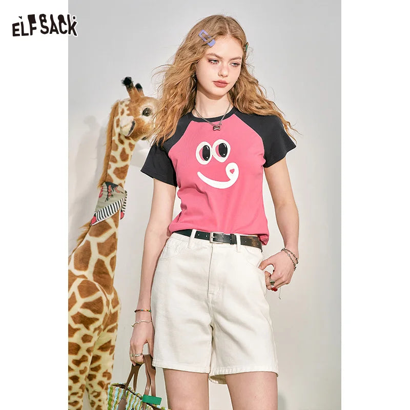 ELFSACK Shoulder blocking color front shoulder short sleeved t-shirt for women's summer new bm small short top