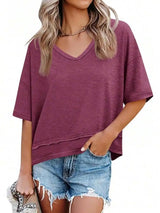Womens Summer V-Neck Loose Short Sleeve Flowy T-Shirt Casual Basic Top