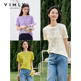 VIMLY Women's Office Short Sleeve T-Shirt 2026 Summer Tee Minimalist Textured Lace Stripe Patch Loose Casual Crew Neck Top A1832