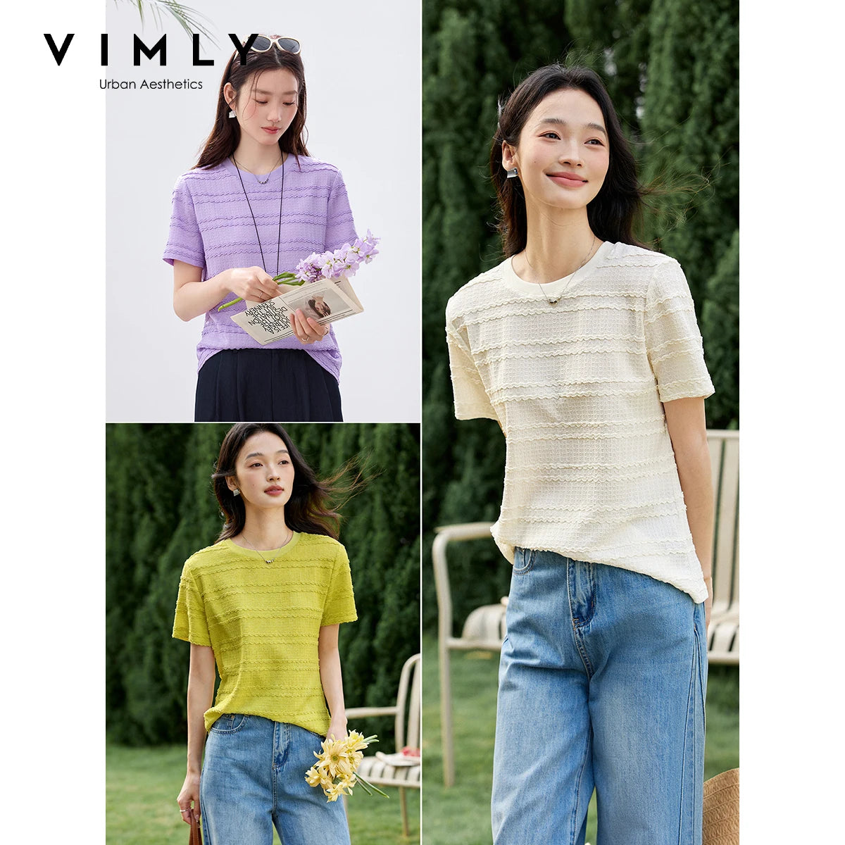 VIMLY Women's Office Short Sleeve T-Shirt 2026 Summer Tee Minimalist Textured Lace Stripe Patch Loose Casual Crew Neck Top A1832