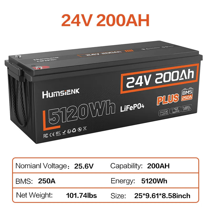 Humsienk 24V 100Ah/200Ah/150Ah LiFePO4 Battery, MAX 15000 Cycles, Built-in 100A/200A/250A BMS, 15000+ Deep Cycle, Low-Temp Protection For RV, Van, Golf Cart, Boat, Camper, Marine, Trolling Motor, Off-Grid, Solar Energy Storage