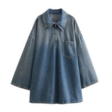 DUOPERI Women Fashion Solid Denim Dress Long Sleeves Female Chic Lady Casual Loose Short Dress