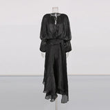 TWOTWINSTYLE Solid Loose Spliced Folds Elegant Dresses for Women Round Neck Long Sleeves Patchwork Lace Up Dress Female Fashion