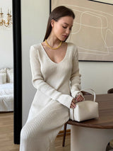 Blubelle Women's New Solid Color Long Sleeve V-neck Slim Bodycon Knitted Maxi Dress Trendy Elegant Fashion Dresses