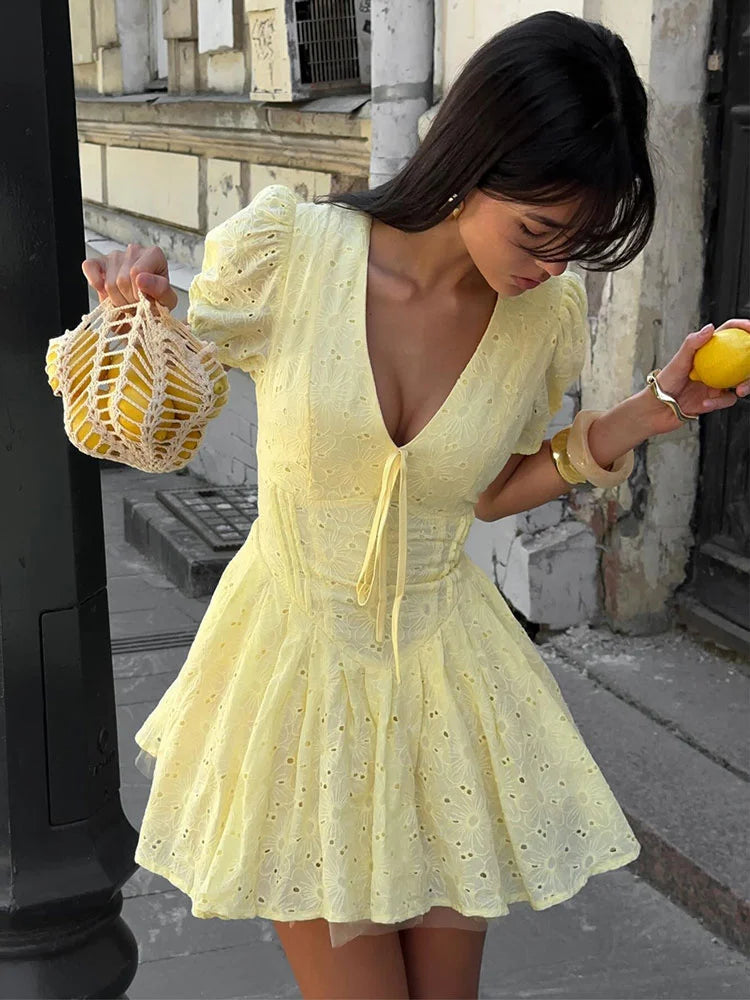 Tossy Yellow Lace-Up Printed Mini Dress Women's V-Neck Slim Short Sleeve Elegant Commute Bandage Dress Evening Ladies Clothes