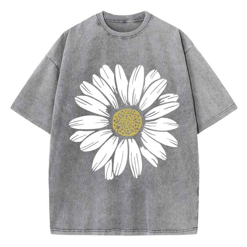 Simple Beautiful Sunflower Prints Washed T-Shirts Women Cottont Shirts O-Neck Oversized Acid Wash Tops Vintage Woman Streetwear