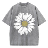Simple Beautiful Sunflower Prints Washed T-Shirts Women Cottont Shirts O-Neck Oversized Acid Wash Tops Vintage Woman Streetwear