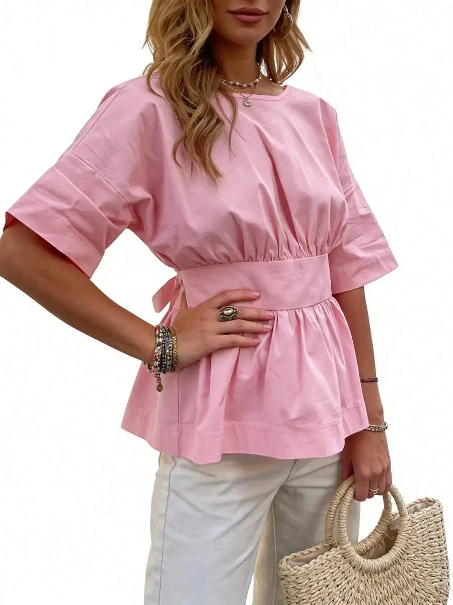 Womens Summer Peplum Top Casual Solid Color Backless Loose Hem Bow Crew Neck Elbow Sleeve Blouse